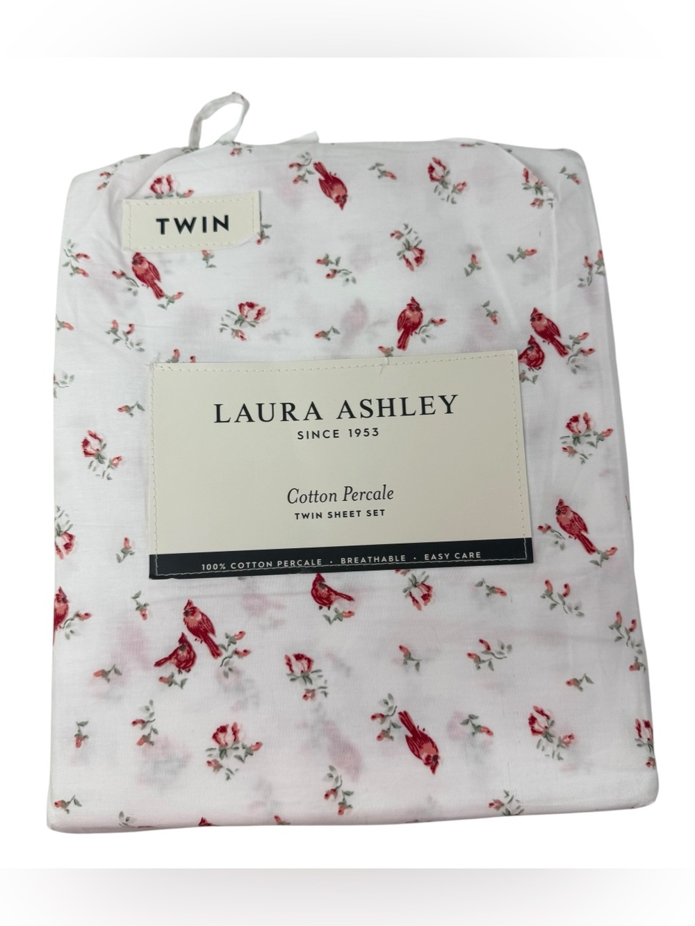 Laura Ashley Twin Sheet Set Cotton Percale Red Cardinal Floral White NEW